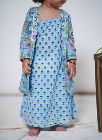 Thumbnail for Two Piece Powder Blue Cotton Block PrintTraditional Long Dress With Mid Length Jacket Set For Girls