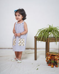 Thumbnail for Blue Cotton Block Print Polka Dots Giraffe Embroidery Sleeveless Dress With Pockets For Girls
