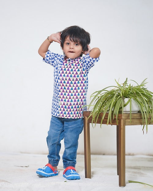 Blue Cotton Block Print Embroidered Stand Collar Bush Shirt For Boys