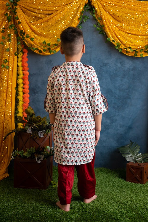 White Red Cotton Block Print Pathani Suit set For Boys