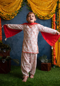 Thumbnail for Three Piece White Red Cotton Block Print Embroidered Traditional Kurta Patiyala Salwar Dupatta Set Girls