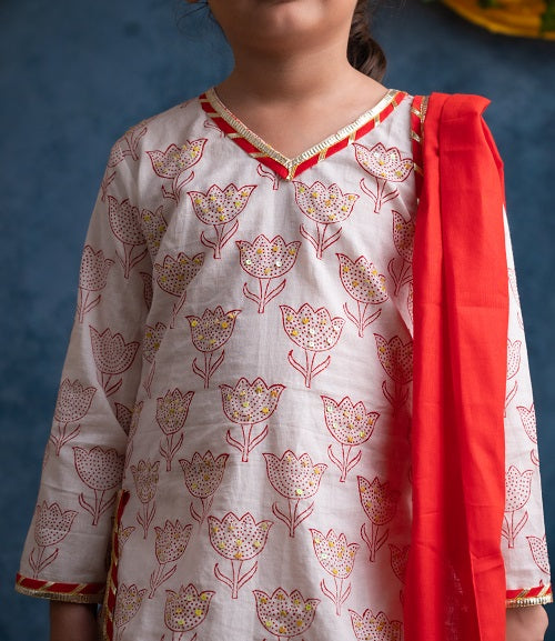 Three Piece White Red Cotton Block Print Embroidered Traditional Kurta Patiyala Salwar Dupatta Set Girls