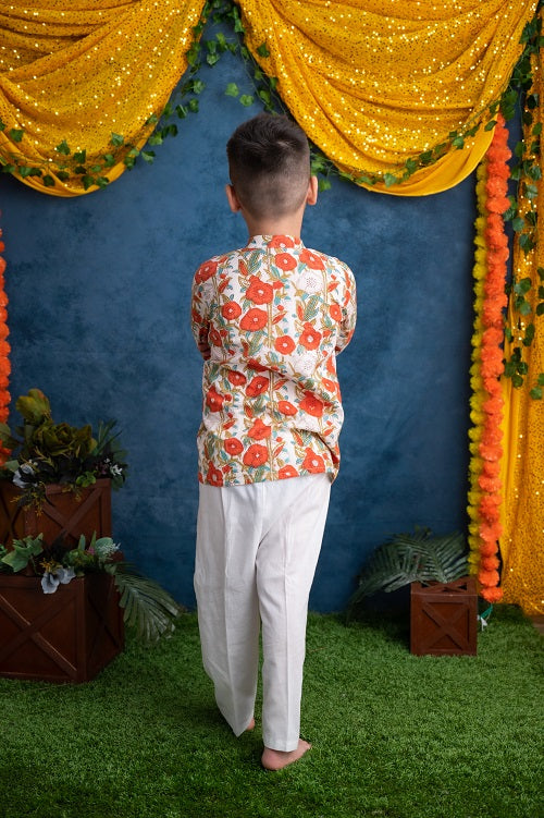 Orange White Cotton Block Print Kurta Pyjama Set For Boys