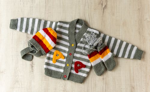 White Yellow Grey Striped Three Piece Hand-Knitted Soft Woollen Infant Set