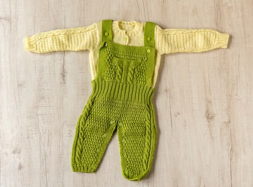 Grass Green Woollen Hand Knitted Dungaree For Infants
