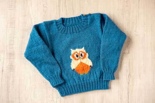 Blue Woollen Hand Knitted Happy Owl Design Infant Pullover