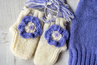 Thumbnail for Lavender And White Woollen Hand Knitted Three Piece Infant Set