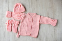 Thumbnail for Baby Pink Hand-Knitted Three Piece Soft Woollen Infant Set