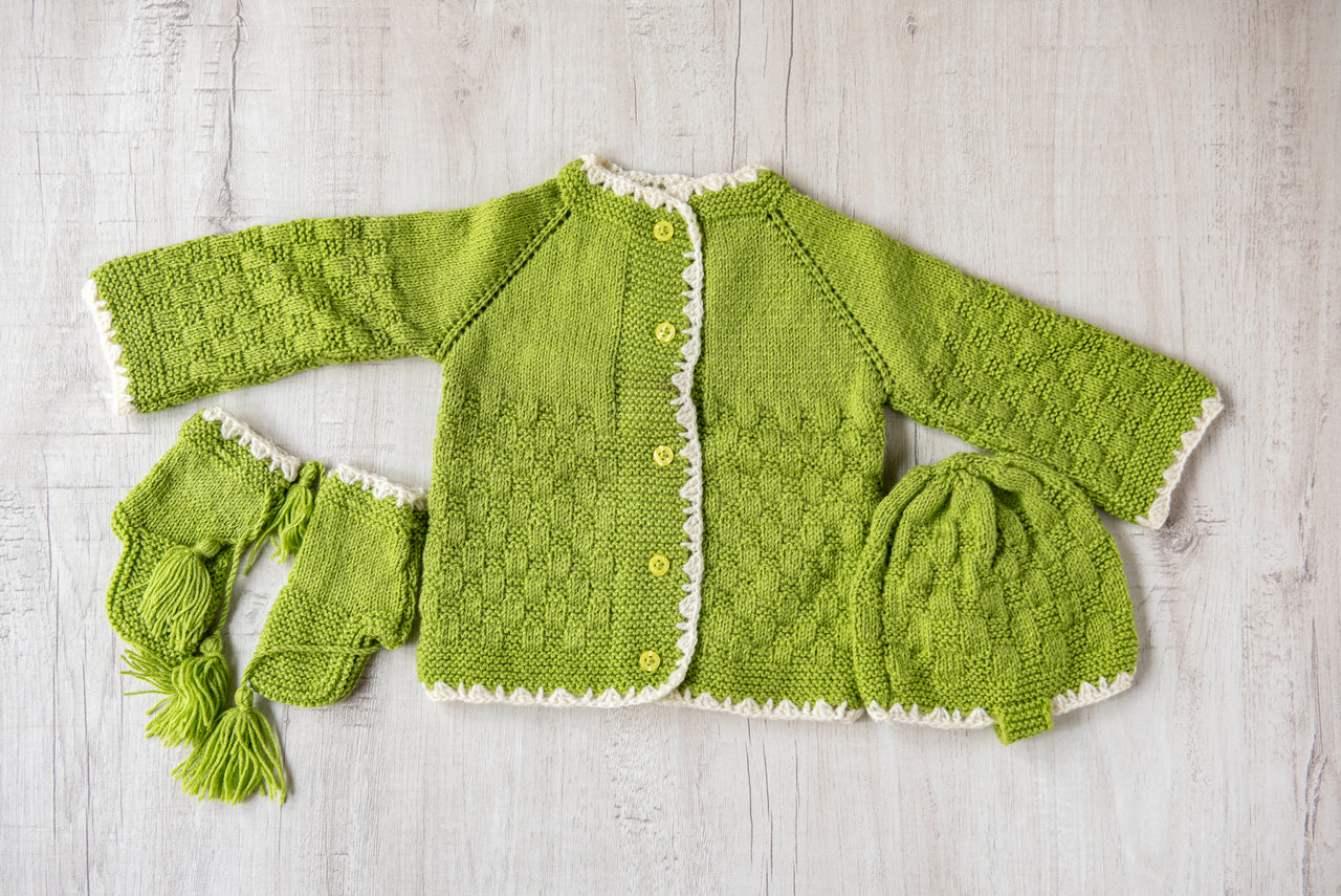 Light Green Woollen Hand Knitted Three Piece Infant Set