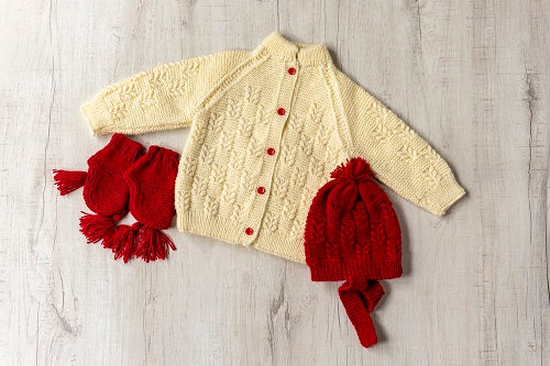 Cream & Red Woollen Hand Knitted Three Piece  Infant Set