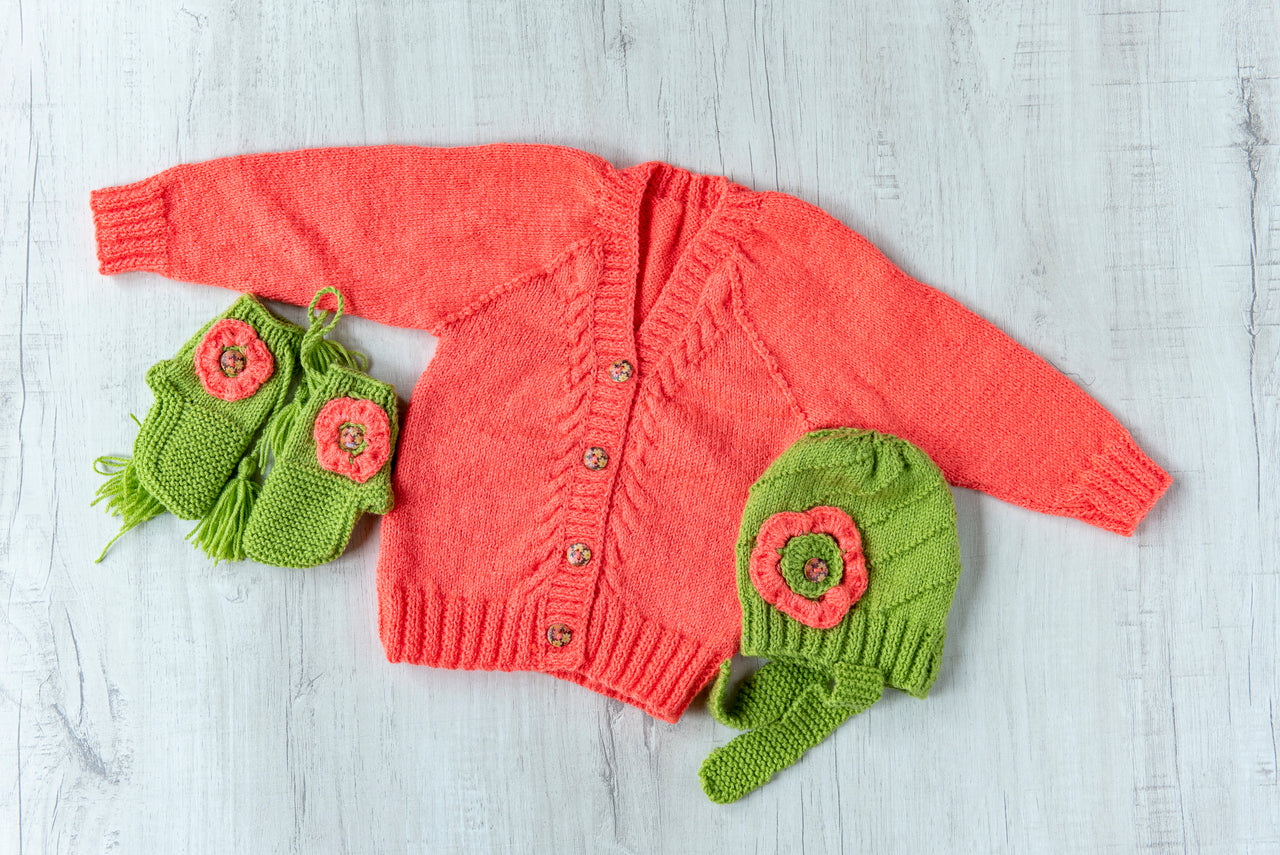 Orange & Green Woollen Hand-Knitted Three Piece Infant Set