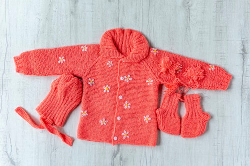 Peach with White floral Hand-Knitted Soft Wollen Infant Set