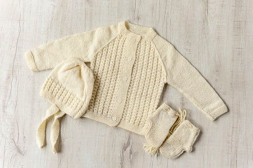 Cream Woollen Hand Knitted Three Piece  Infant Set