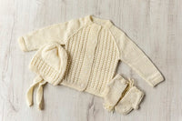 Thumbnail for Cream Woollen Hand Knitted Three Piece  Infant Set