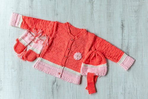 Peach Pink Woollen Hand Knitted Three Piece Infant Set