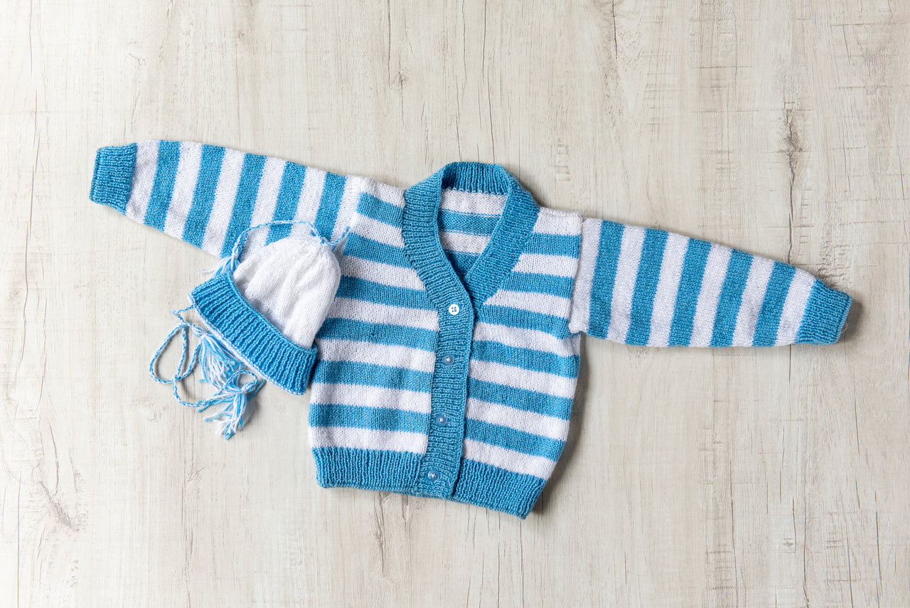 Blue & White  Woollen Hand Knitted Three Piece Infant Set