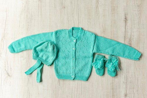Light Green Hand-Knitted Three Piece Soft Woollen Infant Set