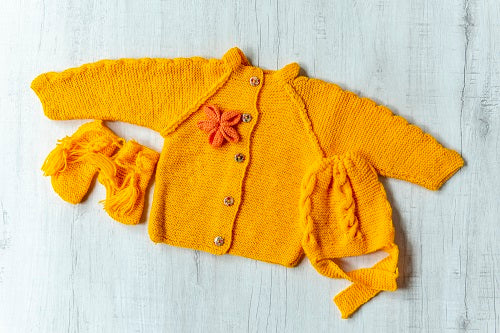 Yellow with orange flower Woollen Hand-Knitted Three Piece Infant Set