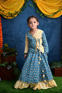 Thumbnail for Two Piece Blue Yellow Cotton Block Printed Lehenga Choli Set With Frills And Tassels For Girls