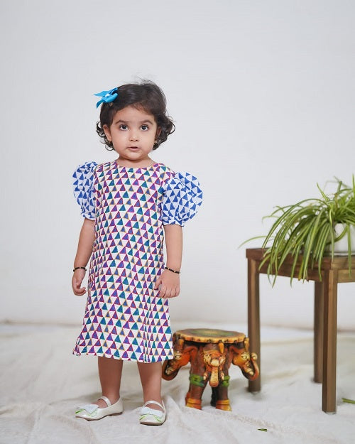 Blue White Cotton Block Print Emroidered Puff Sleeves Midi Dress For Girl