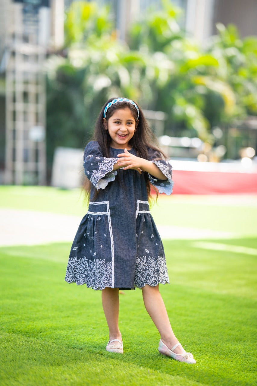 Basic Blue Laycra Denim embroidered elbow Sleeves Party Dress For Girls