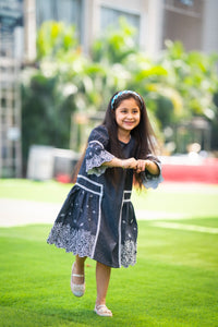 Thumbnail for Basic Blue Laycra Denim embroidered elbow Sleeves Party Dress For Girls
