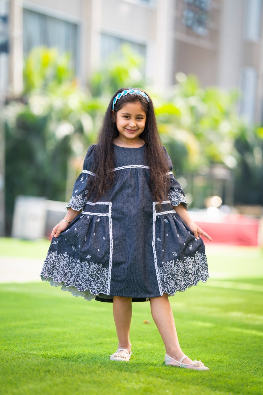 Basic Blue Laycra Denim embroidered elbow Sleeves Party Dress For Girls