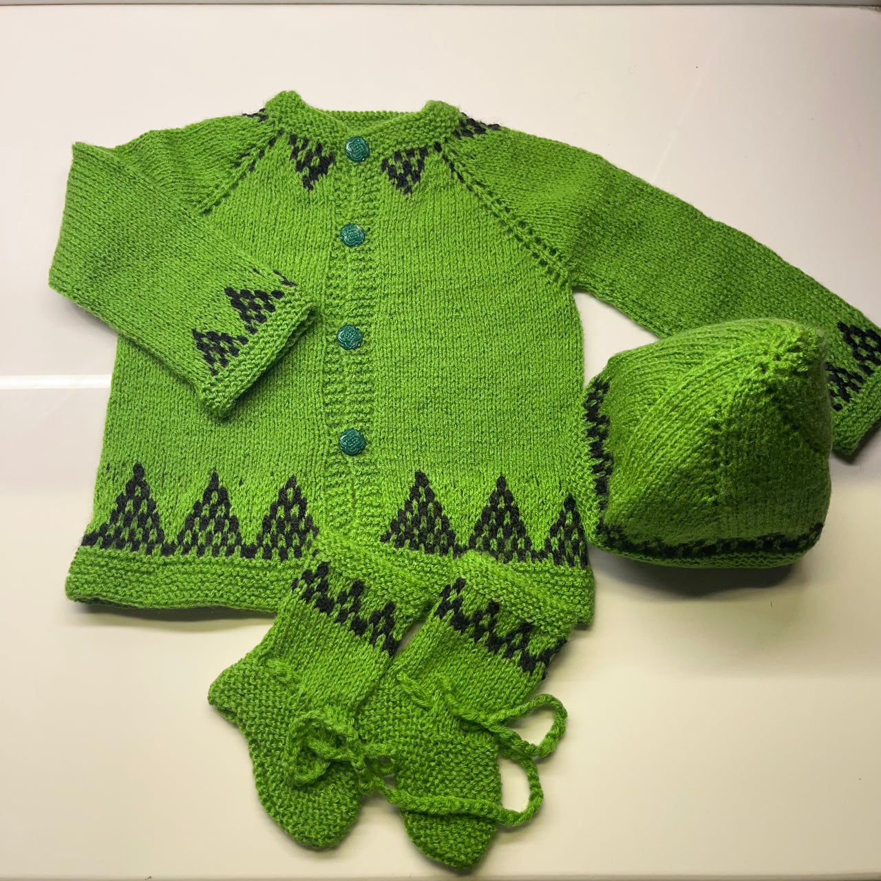 Green With Black Design Woollen Hand Knitted Three Piece infant set