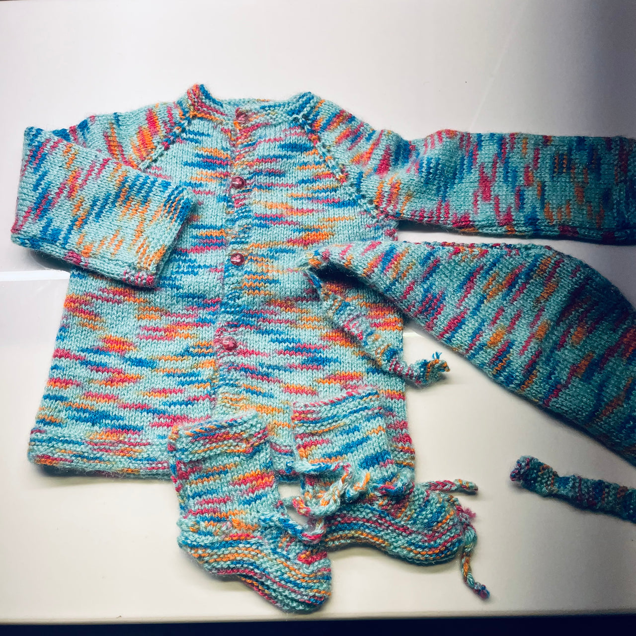 Multi Coloured Woollen Hand-Knitted Three Piece Infant Set