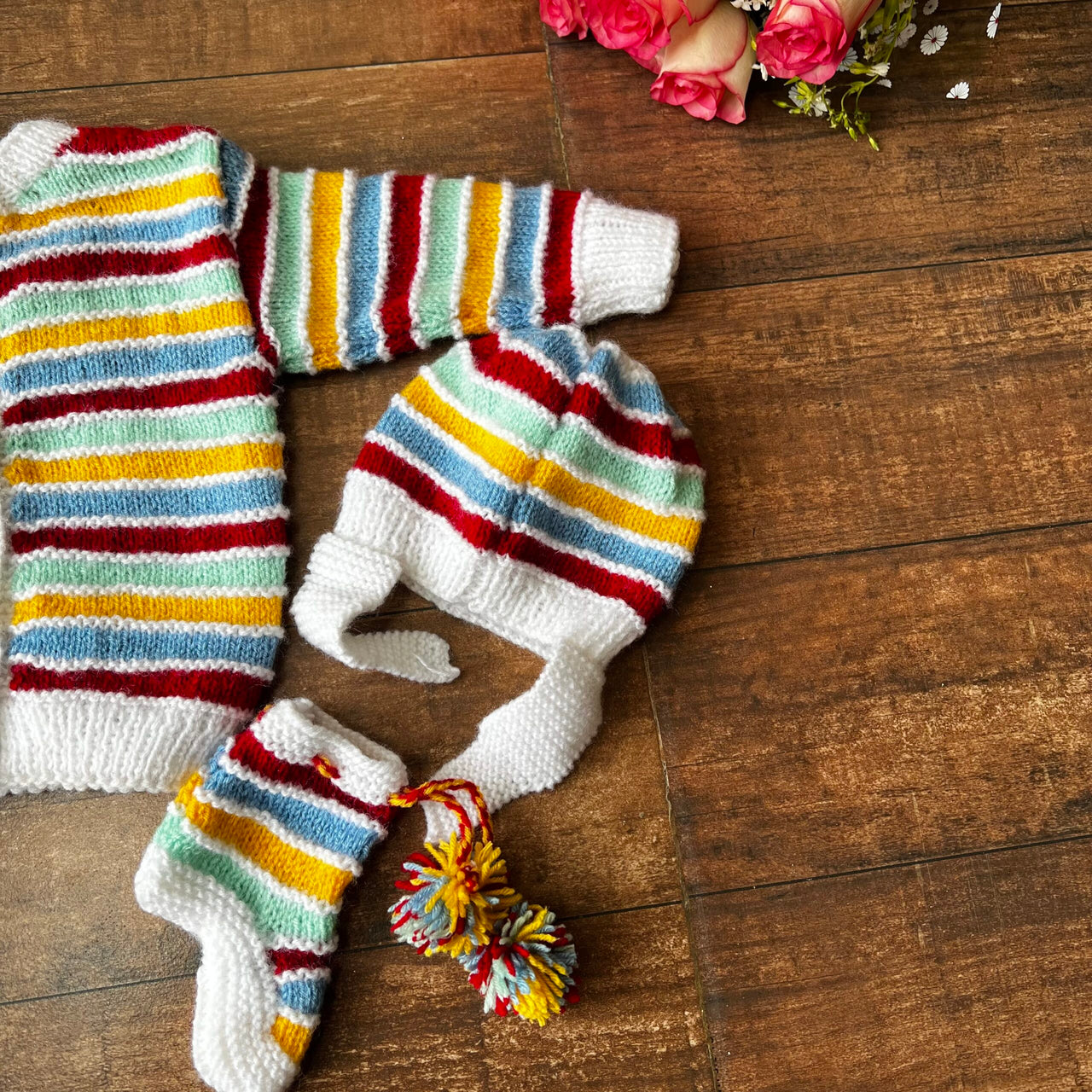 Multicoloured Striped Woollen Hand-Knitted Three Piece infants set.
