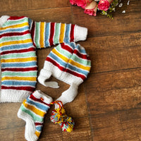 Thumbnail for Multicoloured Striped Woollen Hand-Knitted Three Piece infants set.