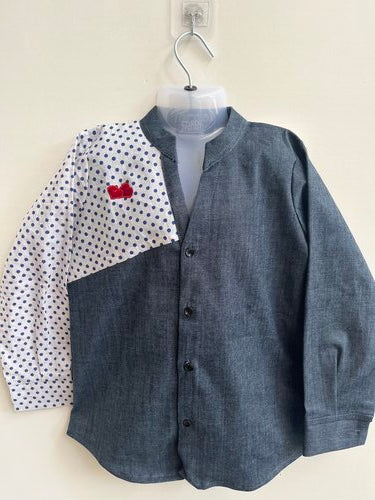 Basic Blue Laycra Denim Designer Polka Dot Full Sleeves Shirt with Heart Embroydri For Boys