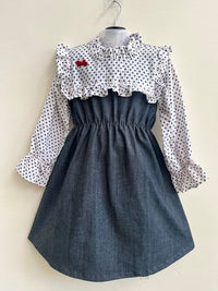 Thumbnail for Basic Blue Laycra Denim Polka Dot Embroydri Full Sleeves Dress For Girls