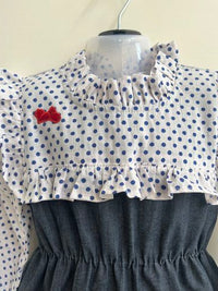 Thumbnail for Basic Blue Laycra Denim Polka Dot Embroydri Full Sleeves Dress For Girls