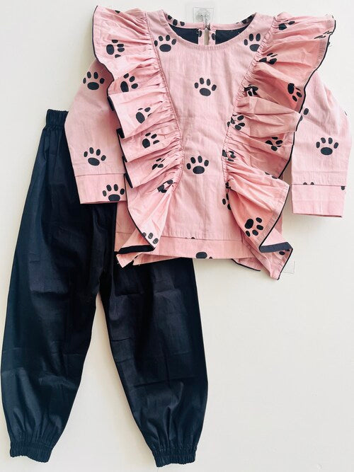 Doggy Paw Double Layered Cotton Lycra Block Printed  Coord Set For Girls