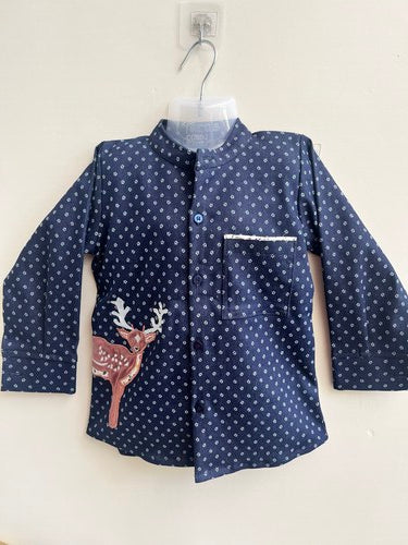 Blue Printed Denim laycra Reindeer Embroydri Full Sleeve Shirt for Boys