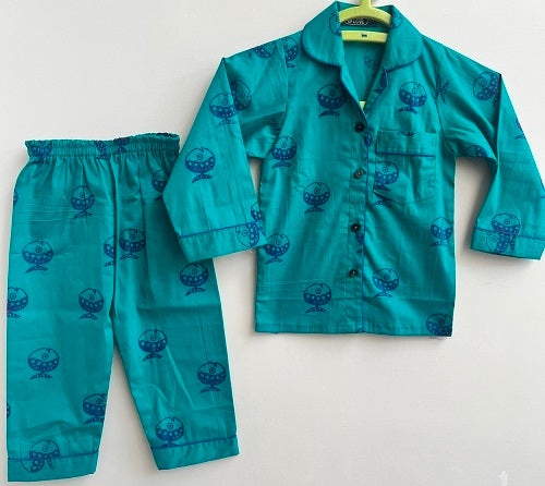 Teal Blue Fish Hand Block Printed Lycra Cotton Unisex Night Suit