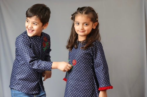 Boy & Girl Basic Blue Cotton Lycra Denim Popsicles Embroidered Twinning Set Duo
