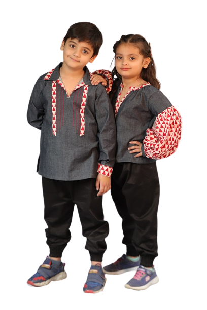 Boy & Girl Basic Blue Cotton Lycra Denim Designer Twinning Set Duo