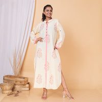 Thumbnail for Cream Pink Cotton Floral Shirt Style Dress