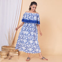 Thumbnail for Blue White Floral Off Shoulder Dress For New Mom