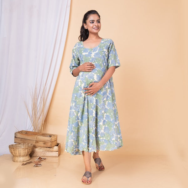 Blue Green Floral Block Print Flair Dress For New Mom