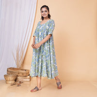 Thumbnail for Blue Green Floral Cotton Full Flair Dress