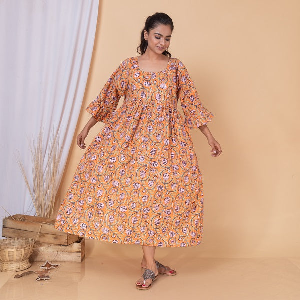 Orange Floral Block Print Dress For New Mom