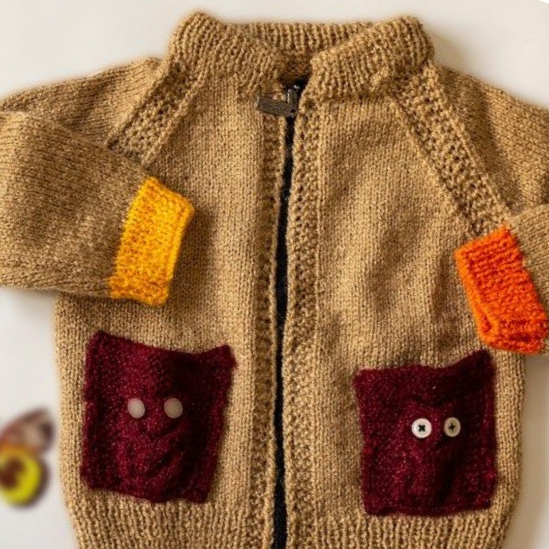 Hazelnut Brown Handknitted Woollen Front Zipper Pullover With Pockets
