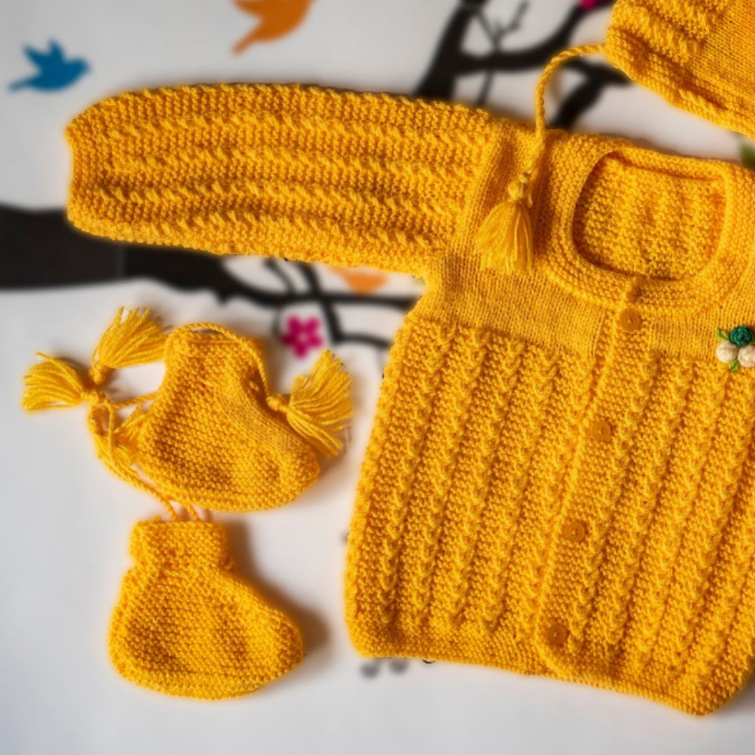 Yellow Handknitted Woollen Set for infants.