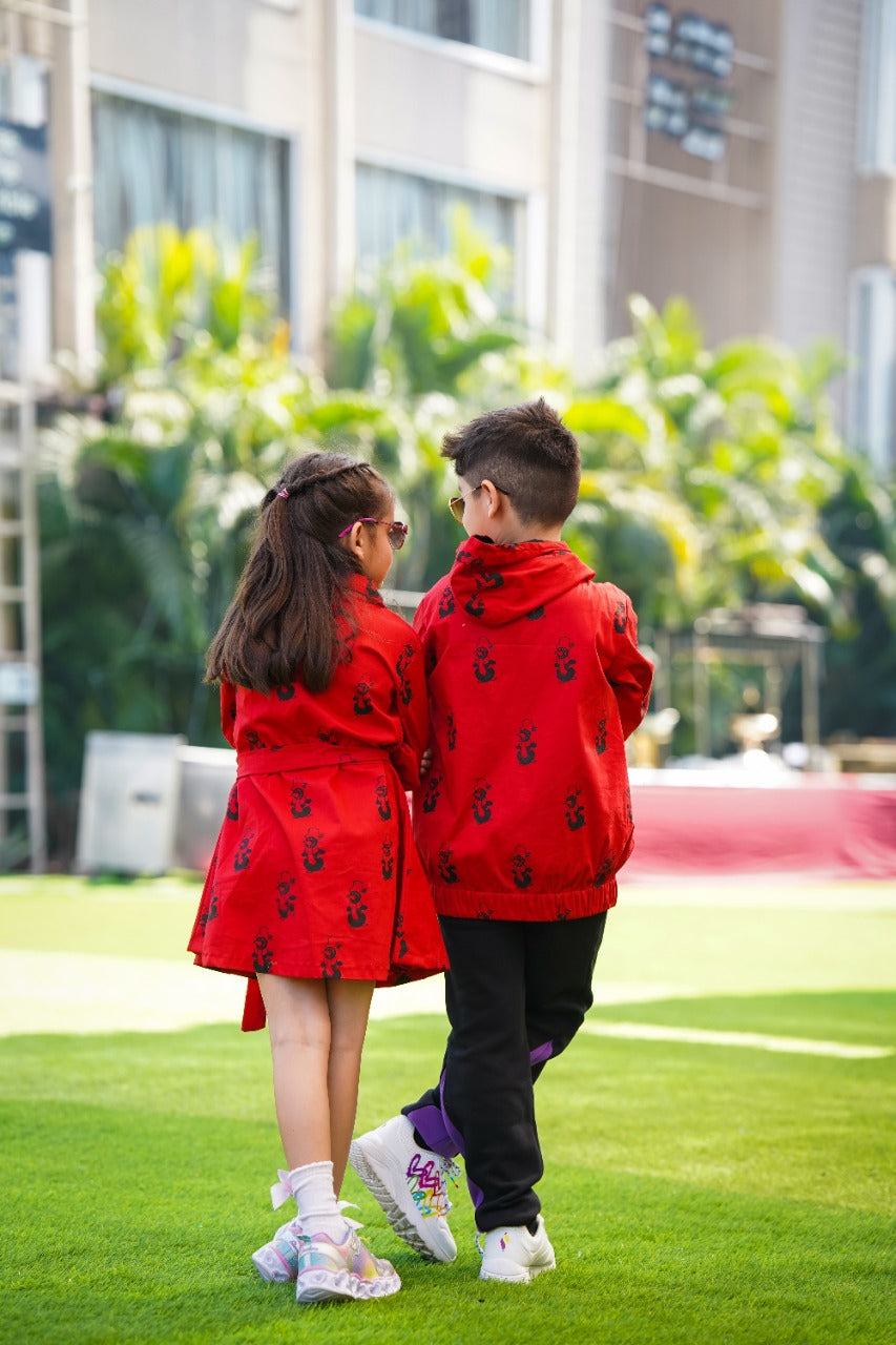 Boy & Girl Red Cotton Lycra Penguin Twinning Set Duo