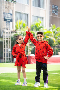 Thumbnail for Red Cotton Laycra Penguin Double Breast Coat Style Dress For Girls