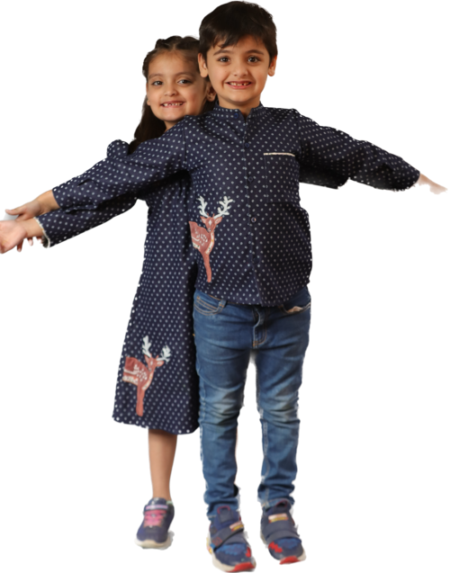 Boy & Girl Blue Printed Denim Cotton Lycra Reindeer Embroidered Twinning Set Duo