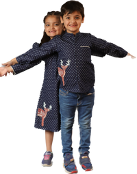 Thumbnail for Boy & Girl Blue Printed Denim Cotton Lycra Reindeer Embroidered Twinning Set Duo